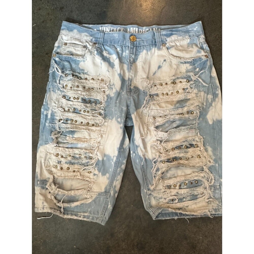 Y2K Distressed Studded Denim Shorts Mens 36 Acid Wash Grunge